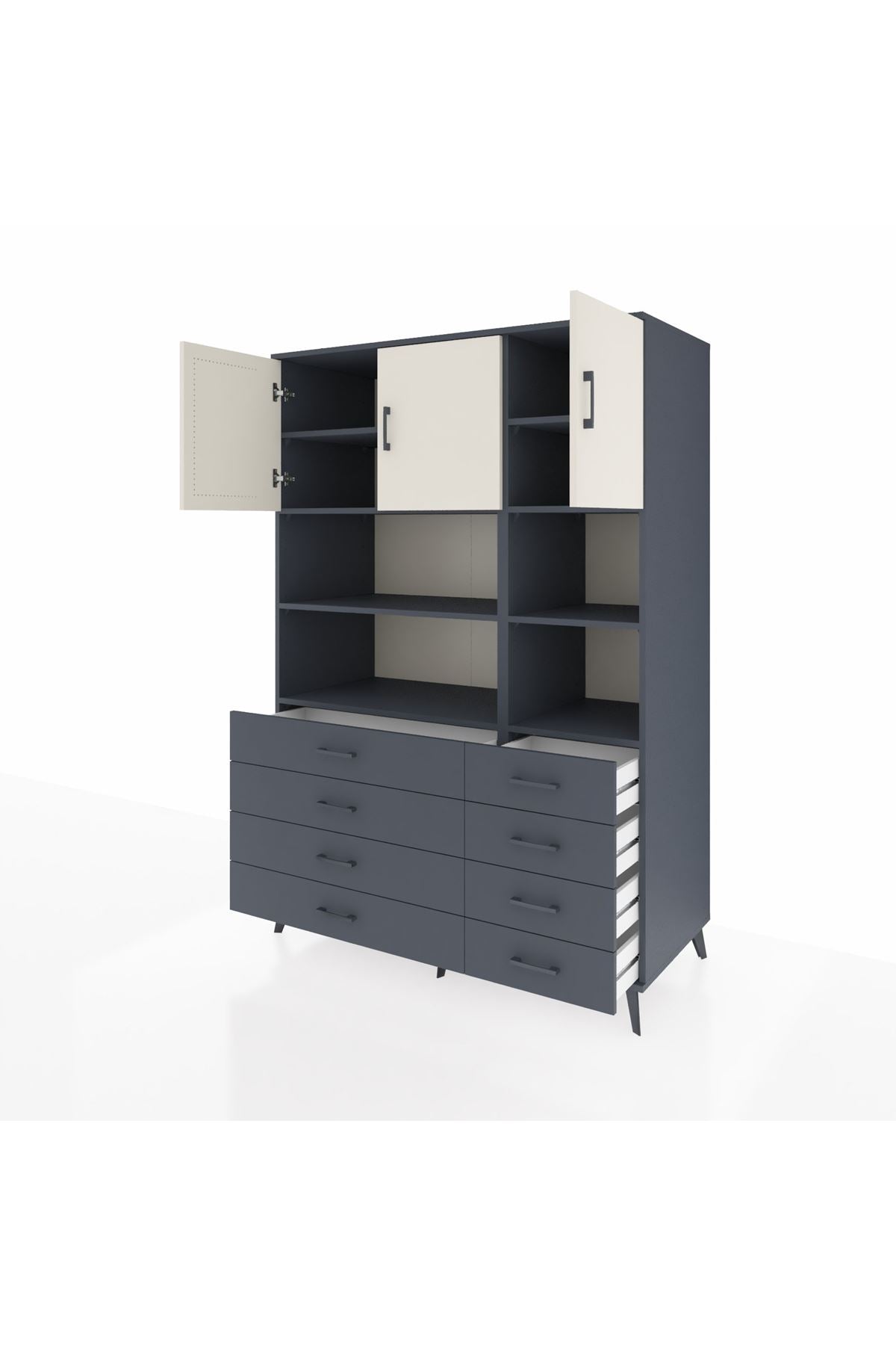 Kronos Dolap 8 Raflı 8 Çekmeceli 3 Kapaklı 132x59x195 Antrasit-Aytaşı/Antrasit