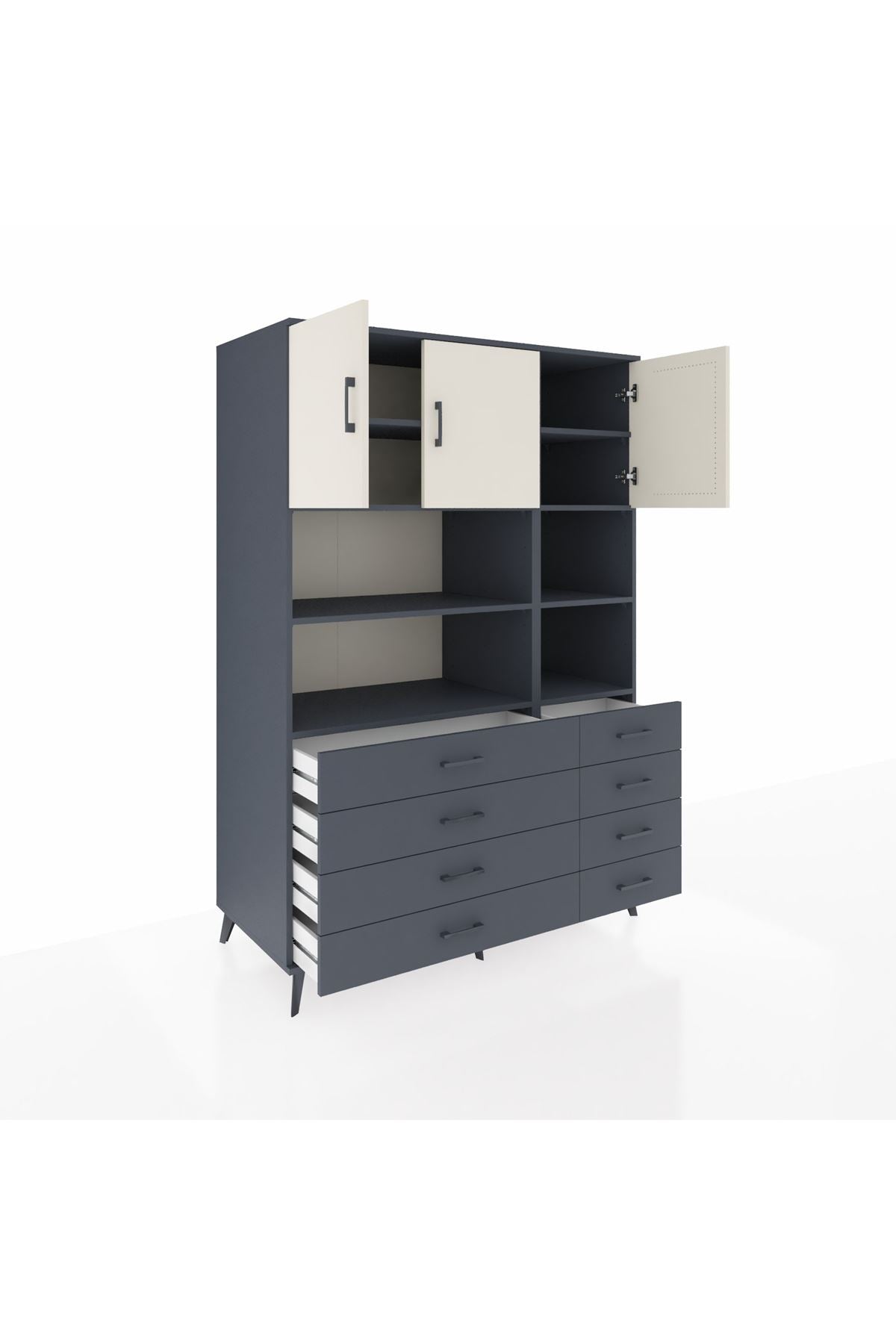 Kronos Dolap 8 Raflı 8 Çekmeceli 3 Kapaklı 132x59x195 Antrasit-Aytaşı/Antrasit