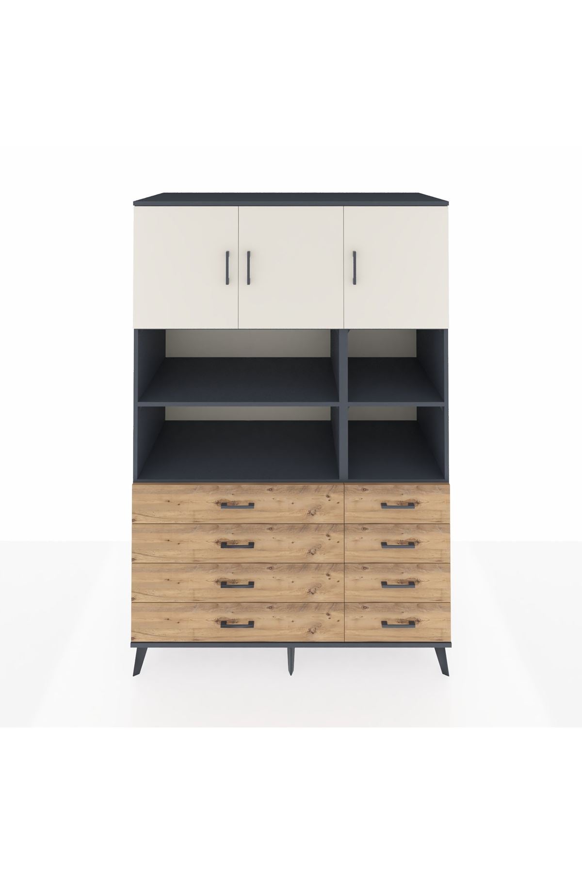 Kronos Dolap 8 Raflı 8 Çekmeceli 3 Kapaklı 132x59x195 Antrasit-Aytaşı/Çam