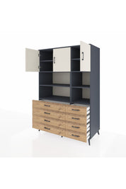 Kronos Dolap 8 Raflı 8 Çekmeceli 3 Kapaklı 132x59x195 Antrasit-Aytaşı/Çam