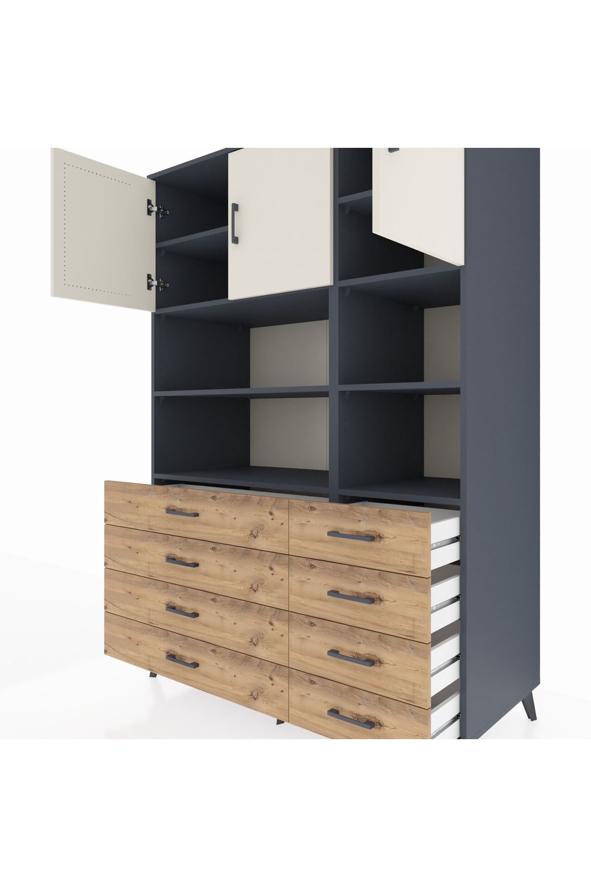 Kronos Dolap 8 Raflı 8 Çekmeceli 3 Kapaklı 132x59x195 Antrasit-Aytaşı/Çam