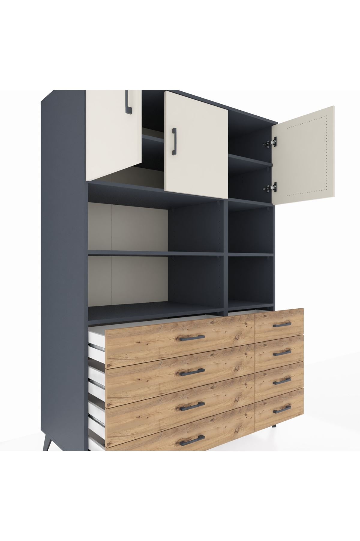 Kronos Dolap 8 Raflı 8 Çekmeceli 3 Kapaklı 132x59x195 Antrasit-Aytaşı/Çam