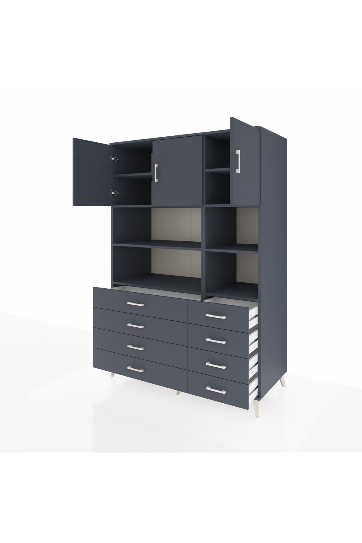 Kronos Dolap 8 Raflı 8 Çekmeceli 3 Kapaklı 132x59x195 Antrasit-Antrasit/Antrasit