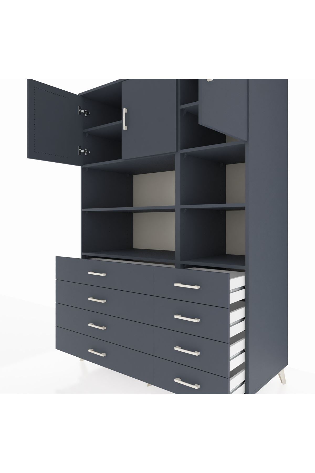 Kronos Dolap 8 Raflı 8 Çekmeceli 3 Kapaklı 132x59x195 Antrasit-Antrasit/Antrasit