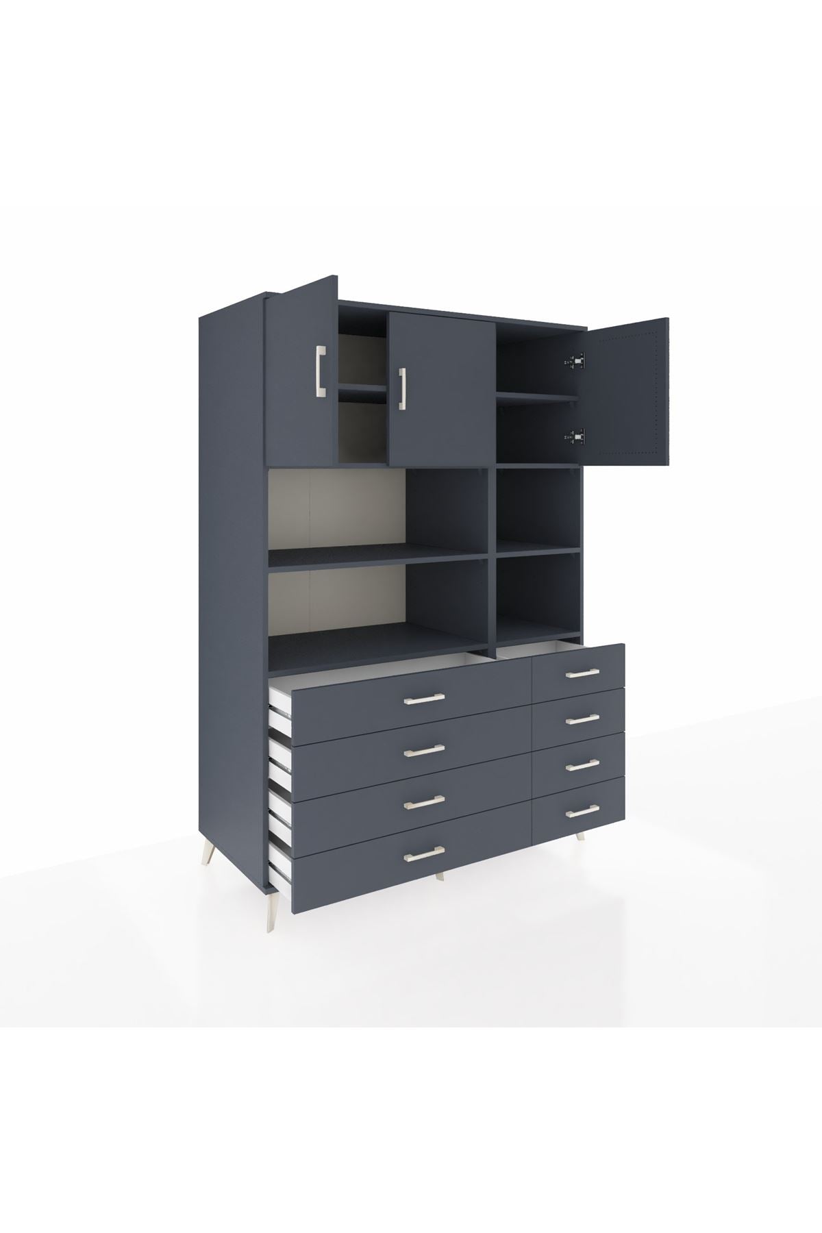 Kronos Dolap 8 Raflı 8 Çekmeceli 3 Kapaklı 132x59x195 Antrasit-Antrasit/Antrasit