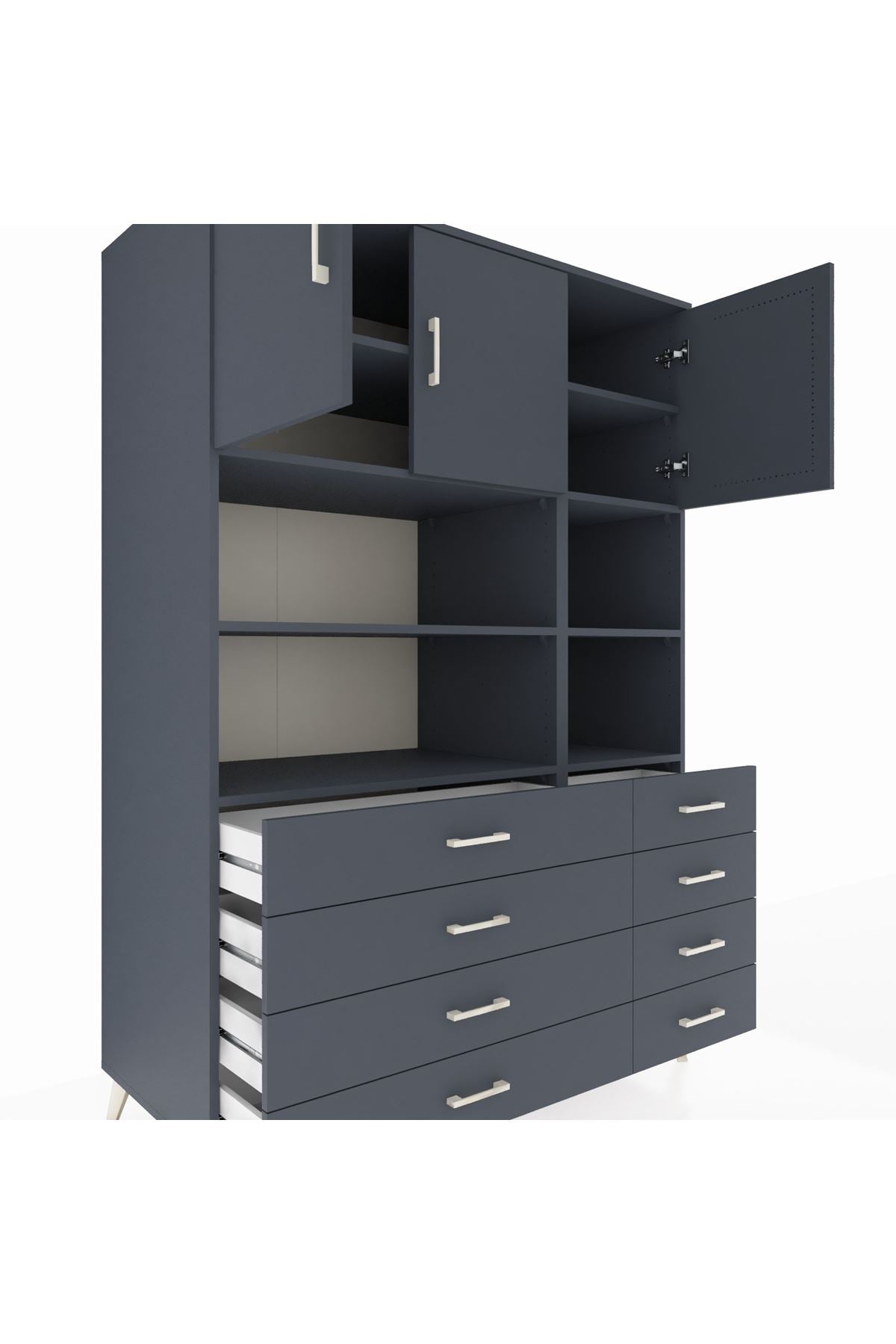 Kronos Dolap 8 Raflı 8 Çekmeceli 3 Kapaklı 132x59x195 Antrasit-Antrasit/Antrasit
