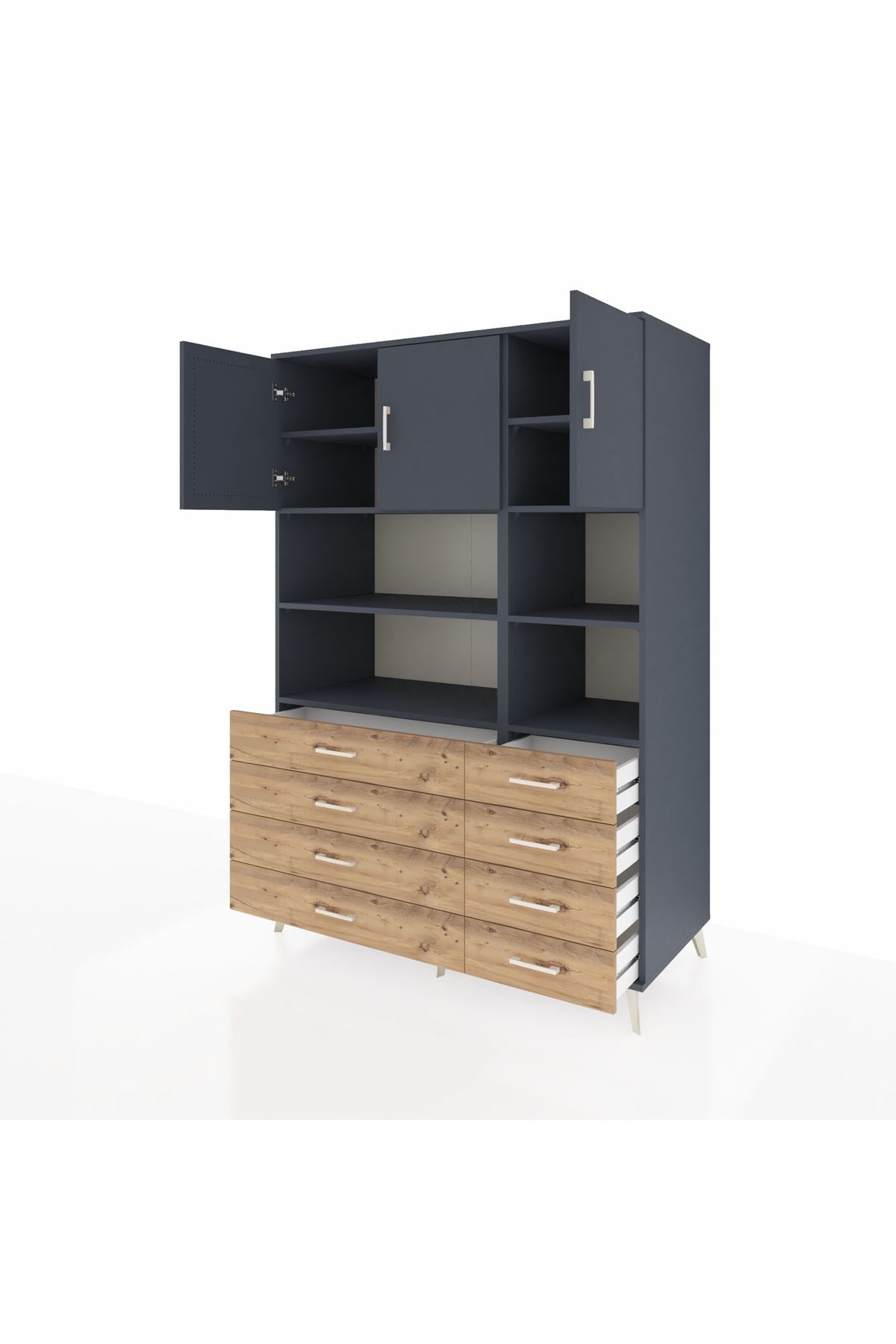 Kronos Dolap 8 Raflı 8 Çekmeceli 3 Kapaklı 132x59x195 Antrasit-Antrasit/Çam