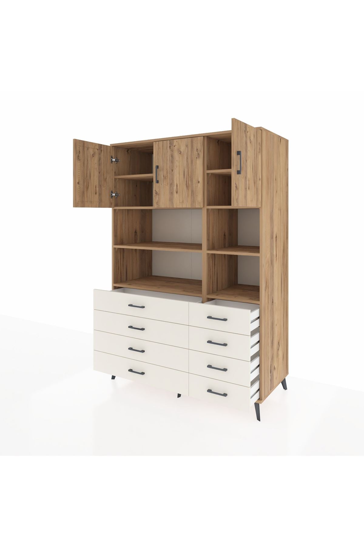 Kronos Dolap 8 Raflı 8 Çekmeceli 3 Kapaklı 132x59x195 Çam-Çam/Aytaşı