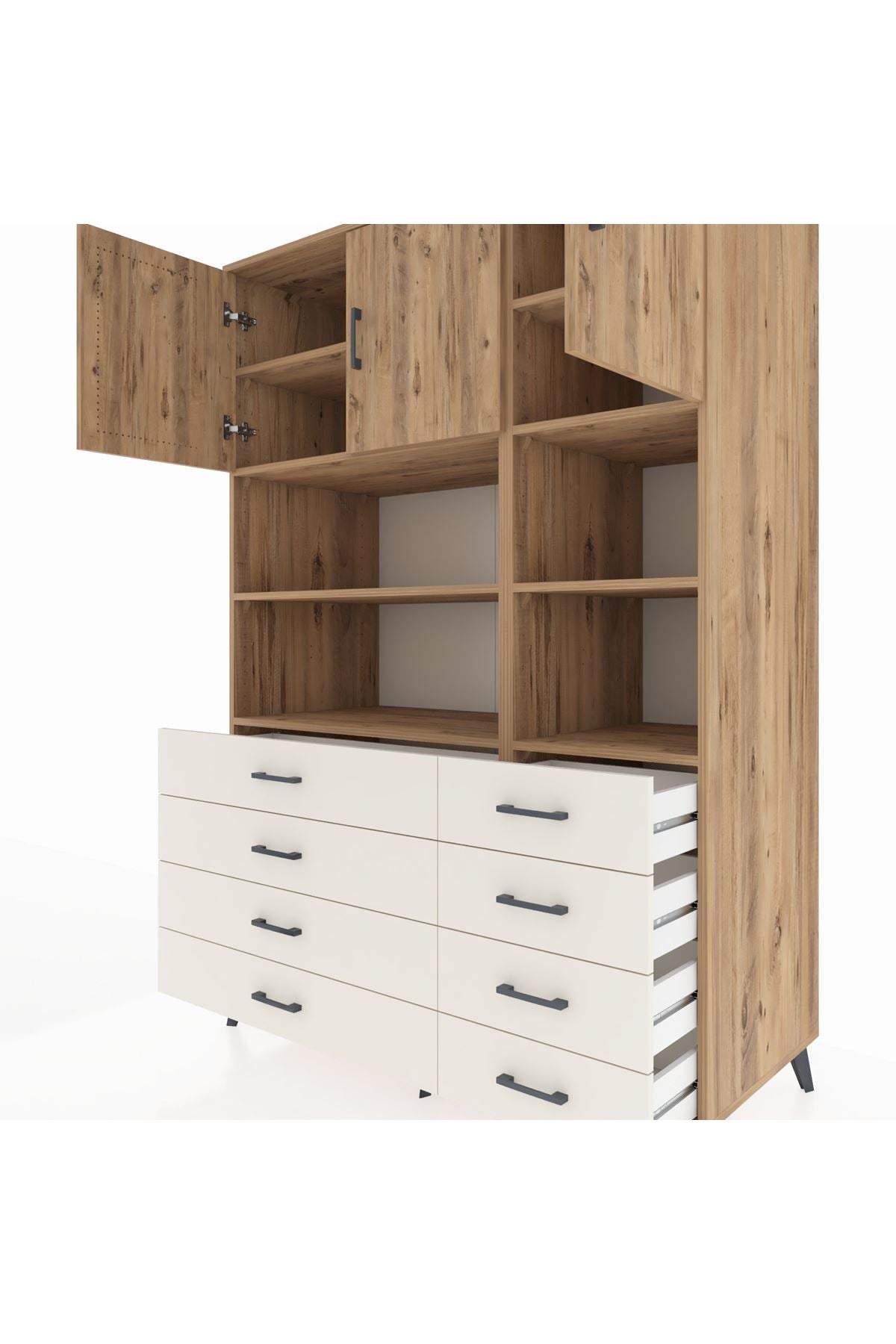 Kronos Dolap 8 Raflı 8 Çekmeceli 3 Kapaklı 132x59x195 Çam-Çam/Aytaşı