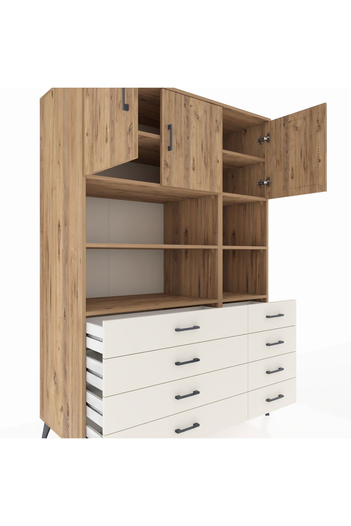 Kronos Dolap 8 Raflı 8 Çekmeceli 3 Kapaklı 132x59x195 Çam-Çam/Aytaşı