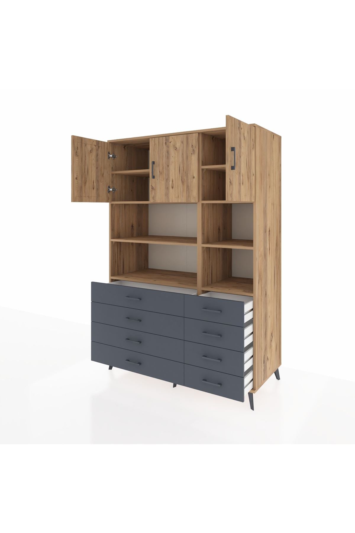 Kronos Dolap 8 Raflı 8 Çekmeceli 3 Kapaklı 132x59x195 Çam-Çam/Antrasit