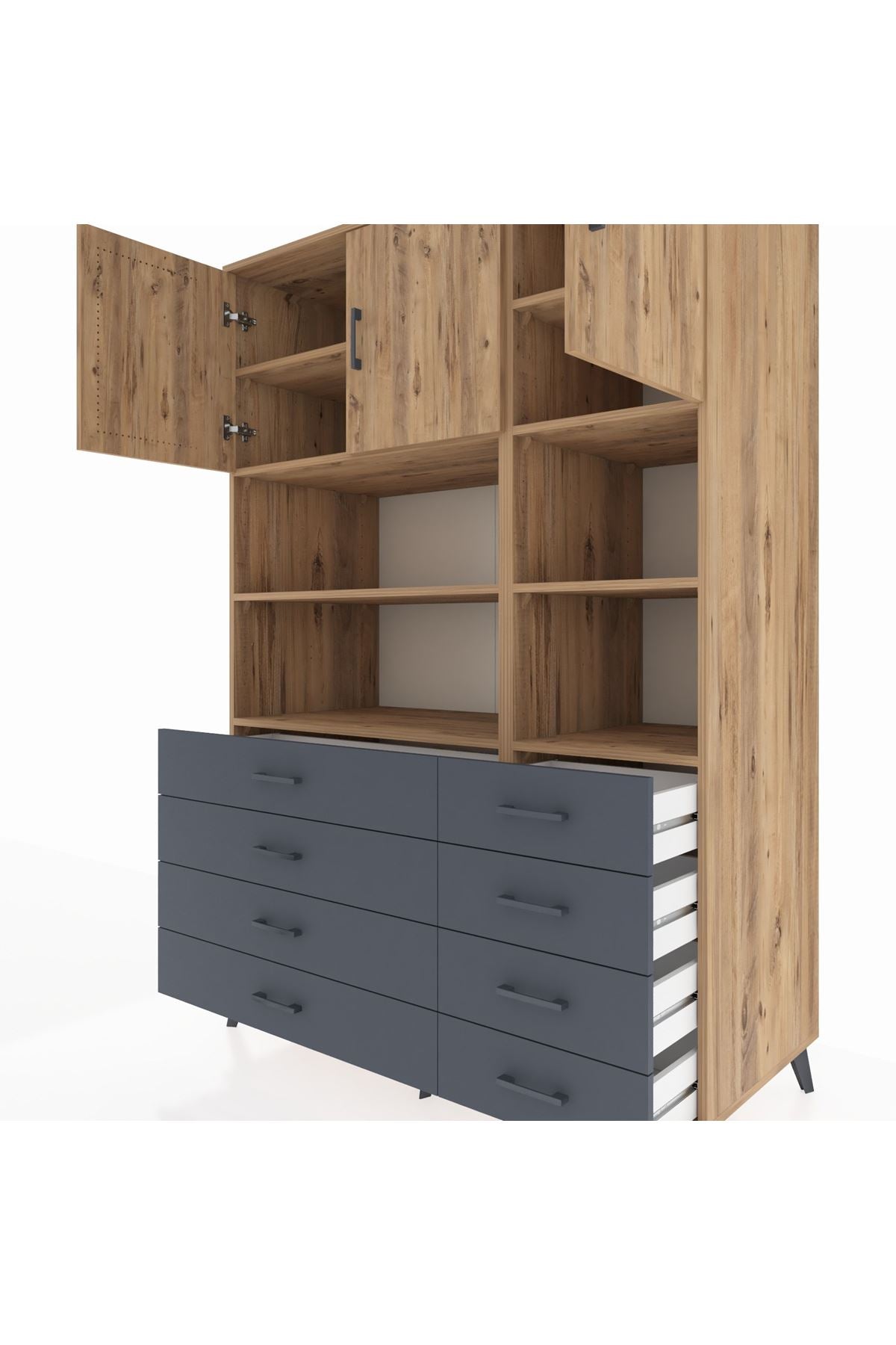 Kronos Dolap 8 Raflı 8 Çekmeceli 3 Kapaklı 132x59x195 Çam-Çam/Antrasit