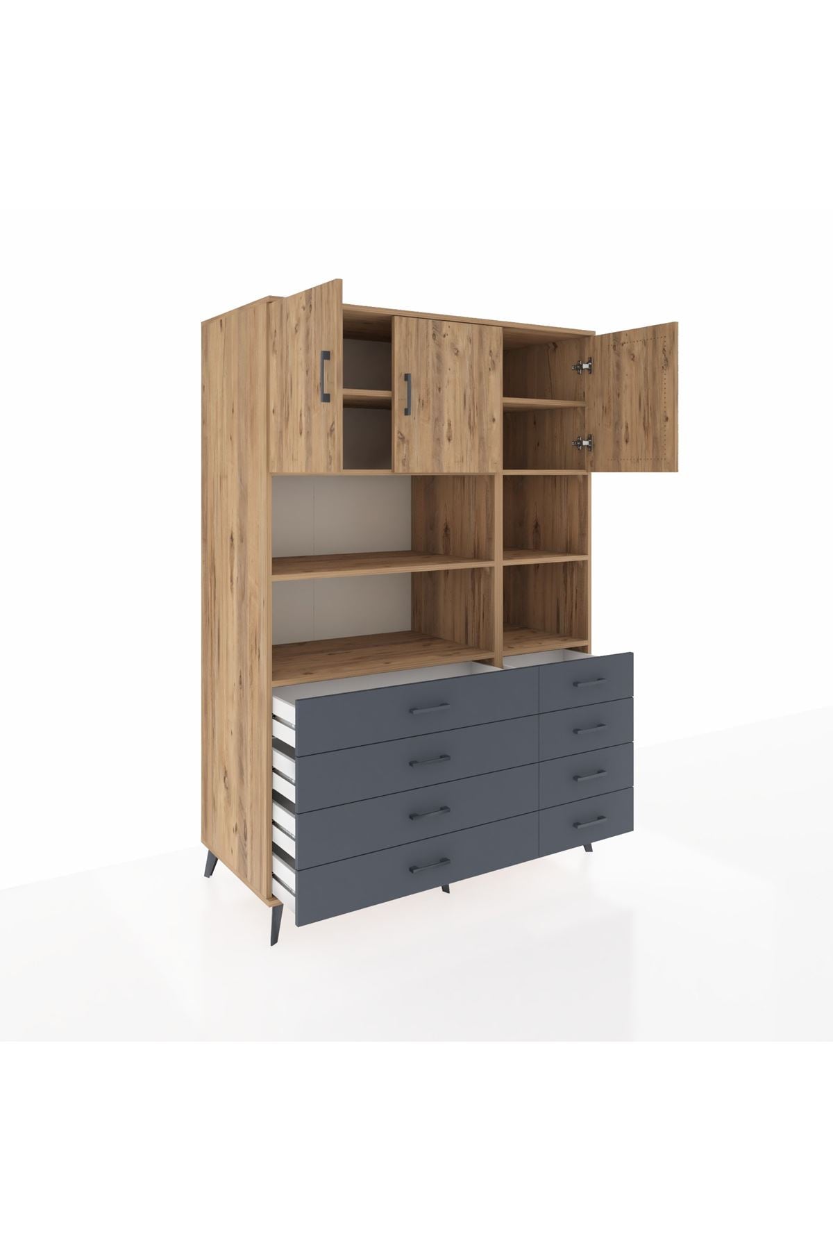 Kronos Dolap 8 Raflı 8 Çekmeceli 3 Kapaklı 132x59x195 Çam-Çam/Antrasit