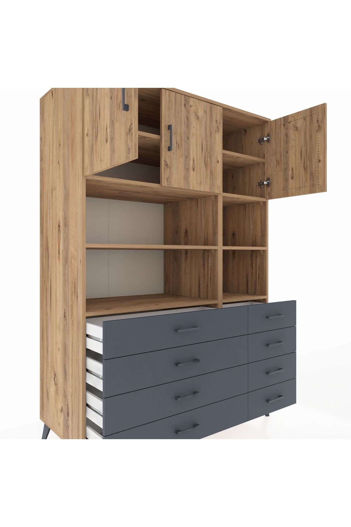 Kronos Dolap 8 Raflı 8 Çekmeceli 3 Kapaklı 132x59x195 Çam-Çam/Antrasit