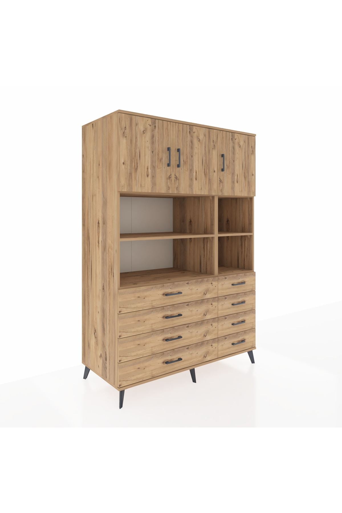 Kronos Dolap 8 Raflı 8 Çekmeceli 3 Kapaklı 132x59x195 Çam-Çam/Çam