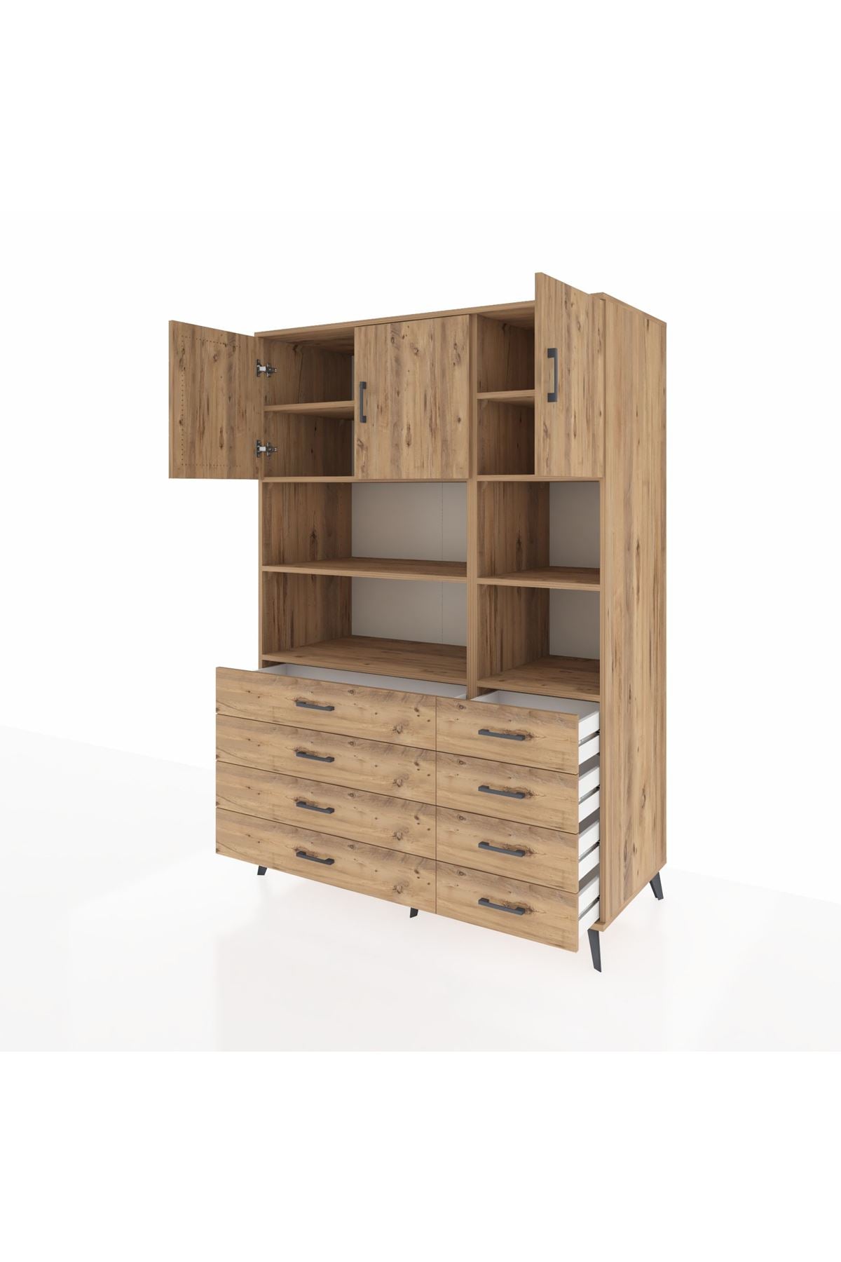Kronos Dolap 8 Raflı 8 Çekmeceli 3 Kapaklı 132x59x195 Çam-Çam/Çam