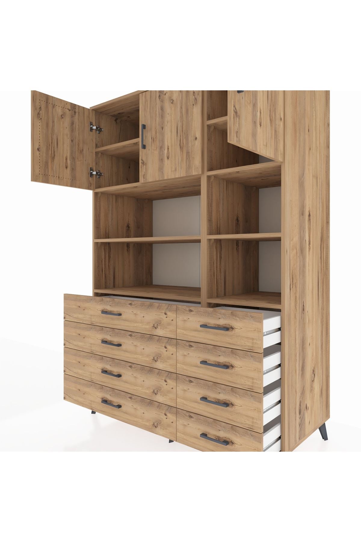 Kronos Dolap 8 Raflı 8 Çekmeceli 3 Kapaklı 132x59x195 Çam-Çam/Çam