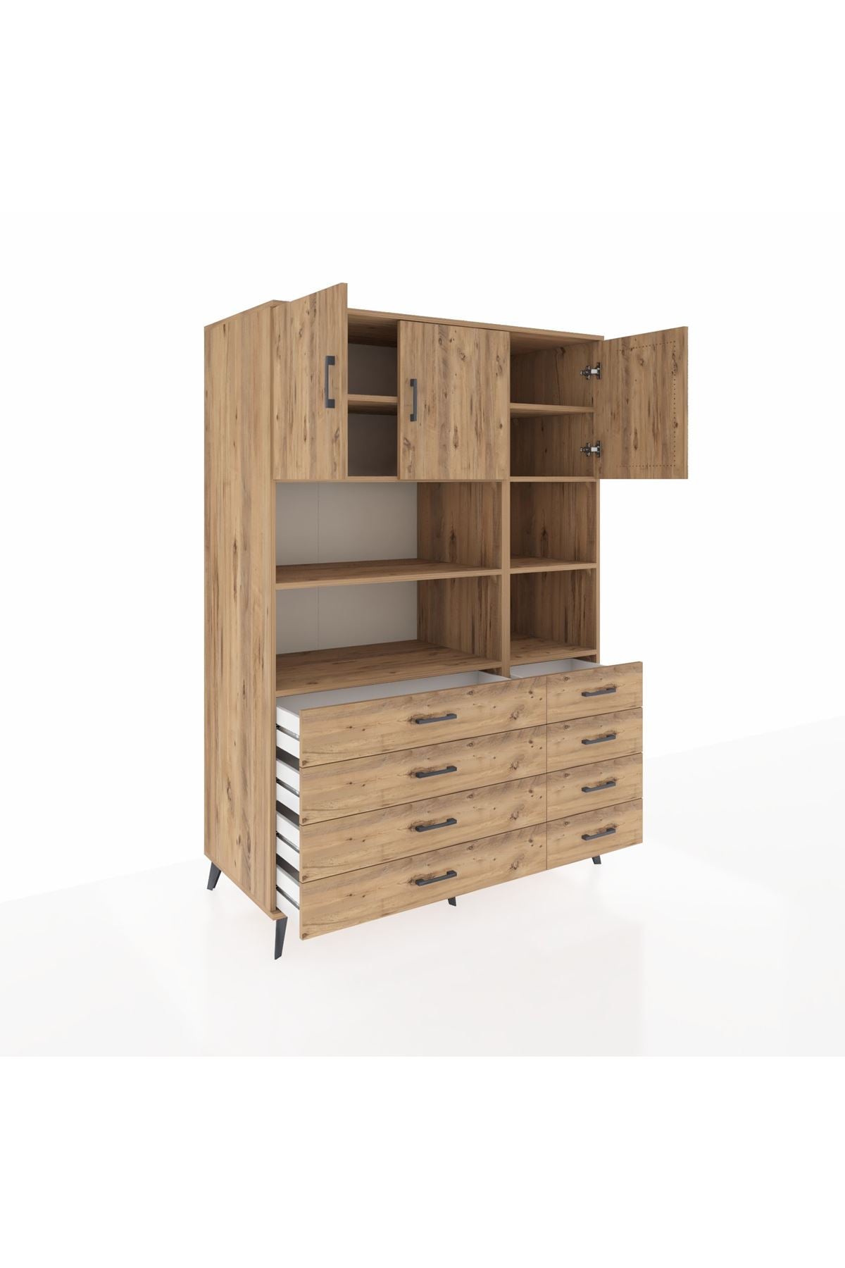 Kronos Dolap 8 Raflı 8 Çekmeceli 3 Kapaklı 132x59x195 Çam-Çam/Çam