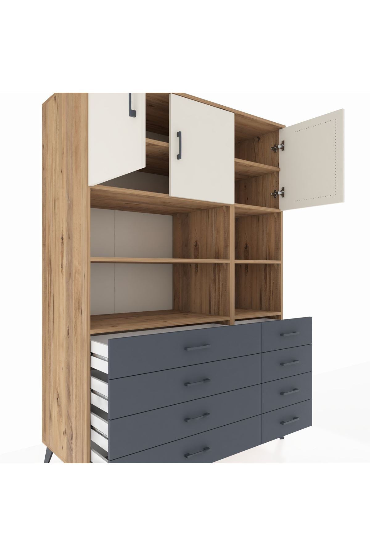 Kronos Dolap 8 Raflı 8 Çekmeceli 3 Kapaklı 132x59x195 Çam-Aytaşı/Antrasit