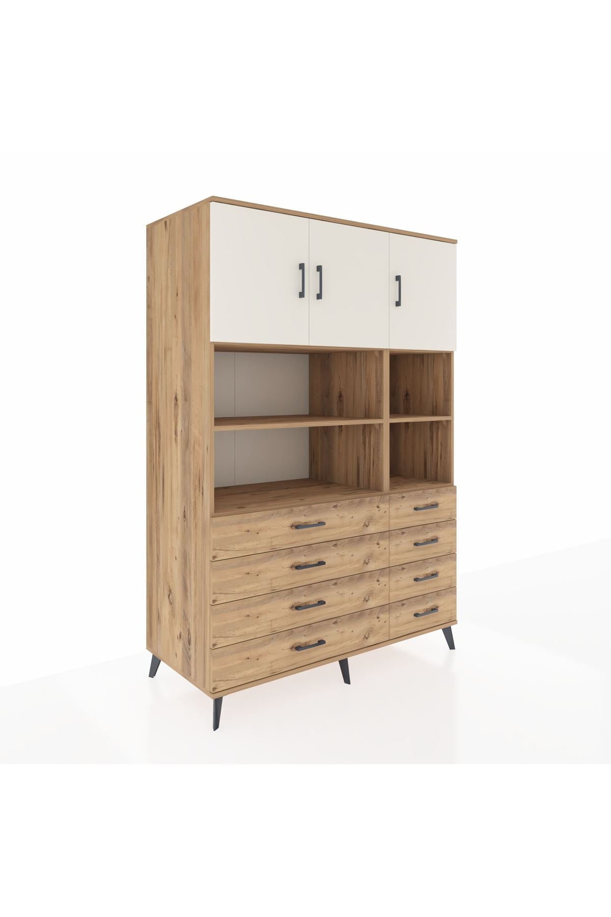 Kronos Dolap 8 Raflı 8 Çekmeceli 3 Kapaklı 132x59x195 Çam-Aytaşı/Çam