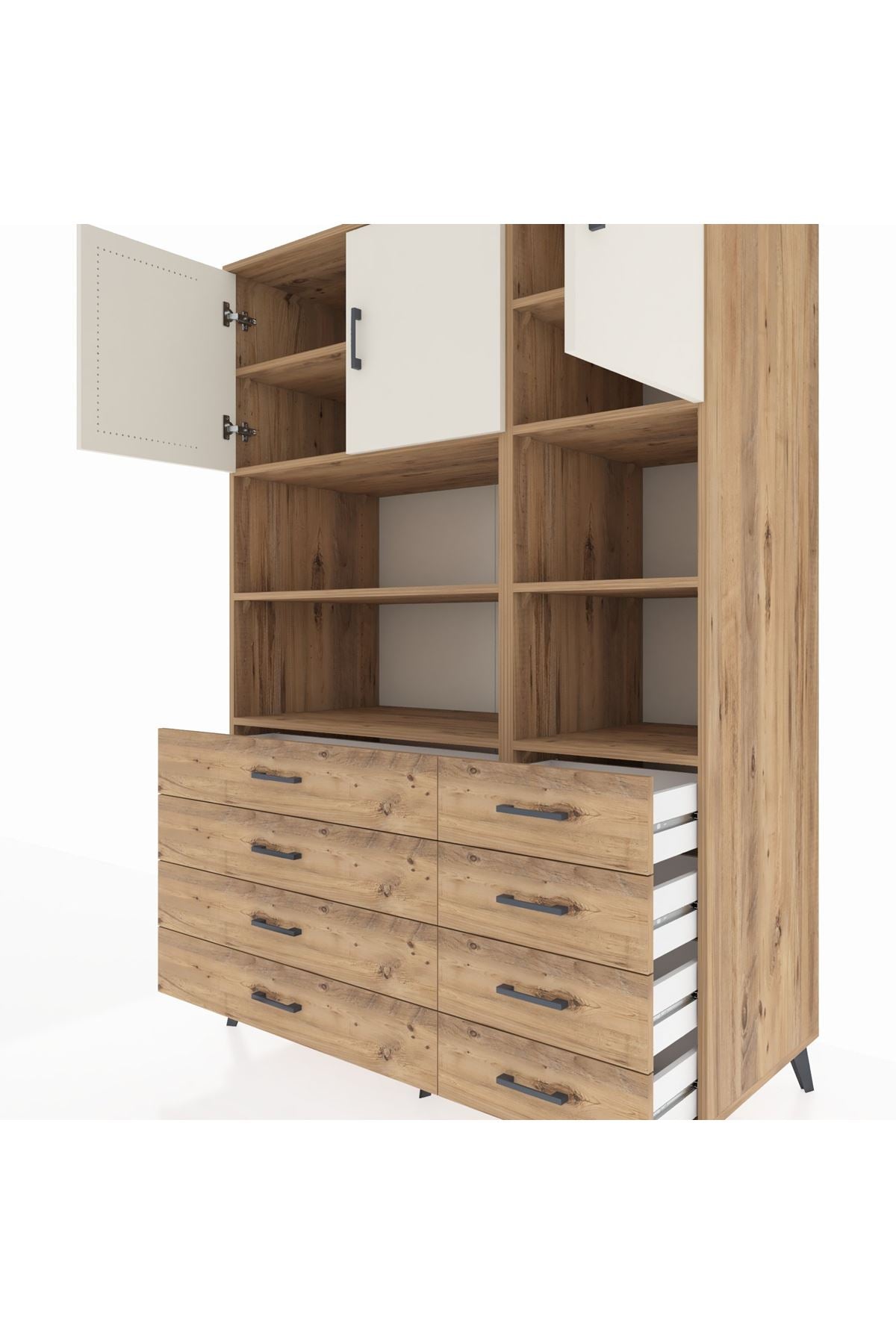 Kronos Dolap 8 Raflı 8 Çekmeceli 3 Kapaklı 132x59x195 Çam-Aytaşı/Çam