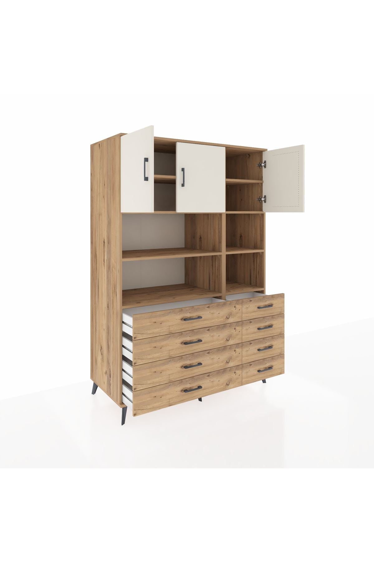 Kronos Dolap 8 Raflı 8 Çekmeceli 3 Kapaklı 132x59x195 Çam-Aytaşı/Çam