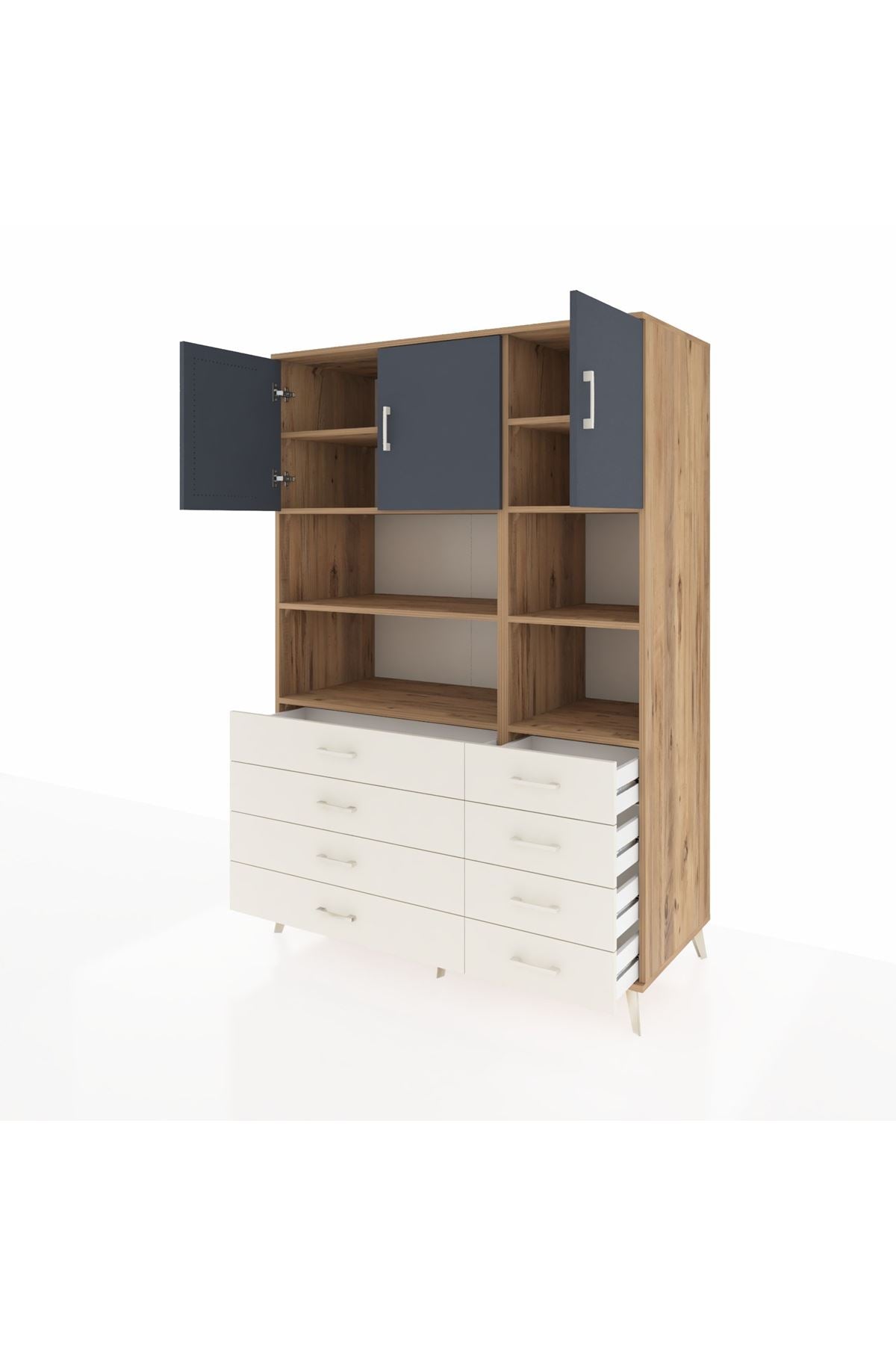 Kronos Dolap 8 Raflı 8 Çekmeceli 3 Kapaklı 132x59x195 Çam-Antrasit/Aytaşı