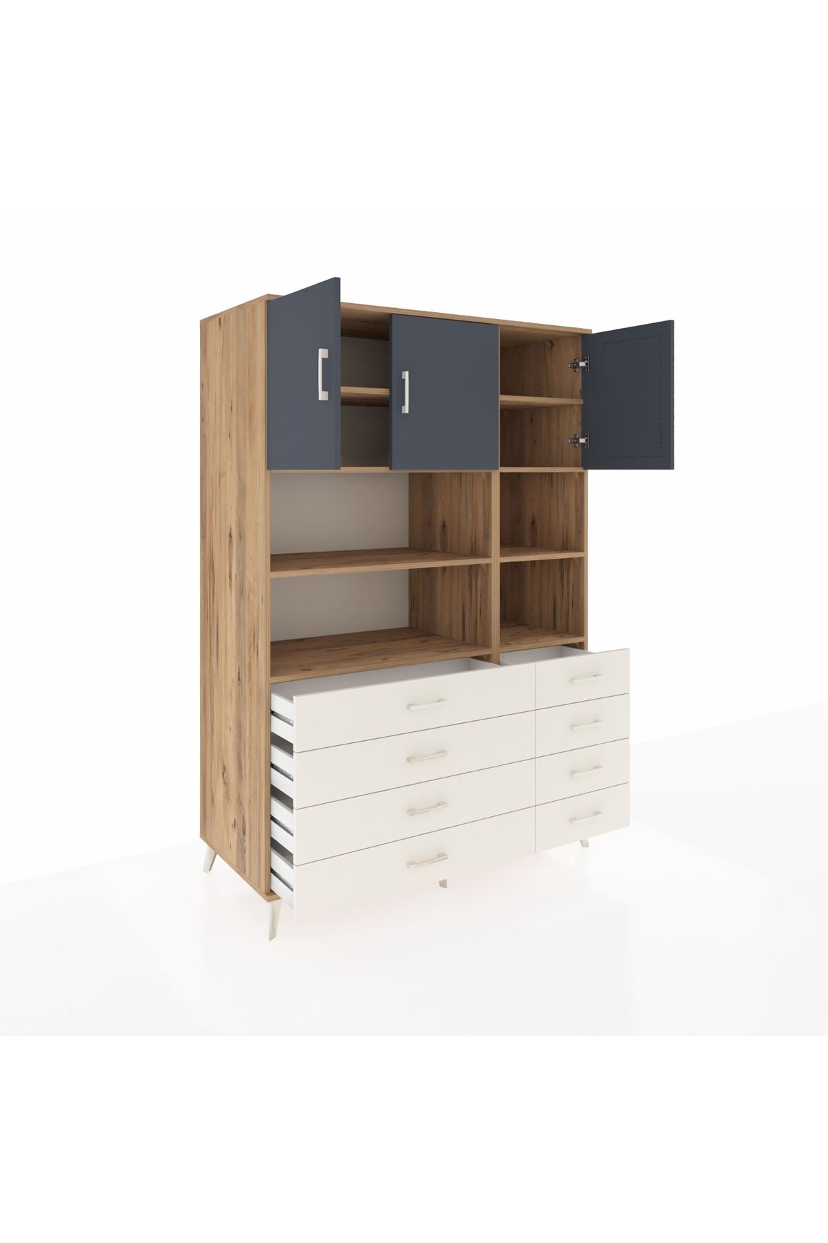 Kronos Dolap 8 Raflı 8 Çekmeceli 3 Kapaklı 132x59x195 Çam-Antrasit/Aytaşı