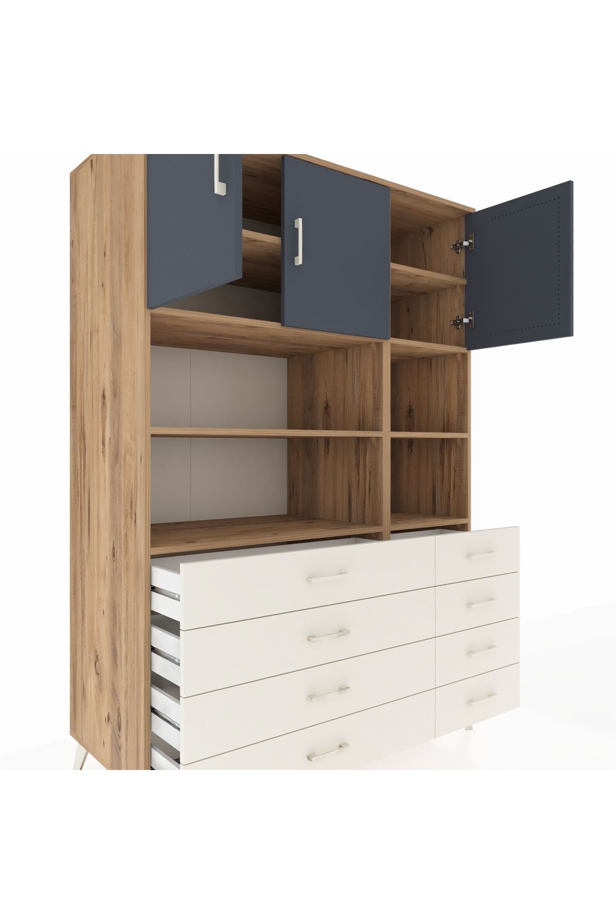 Kronos Dolap 8 Raflı 8 Çekmeceli 3 Kapaklı 132x59x195 Çam-Antrasit/Aytaşı