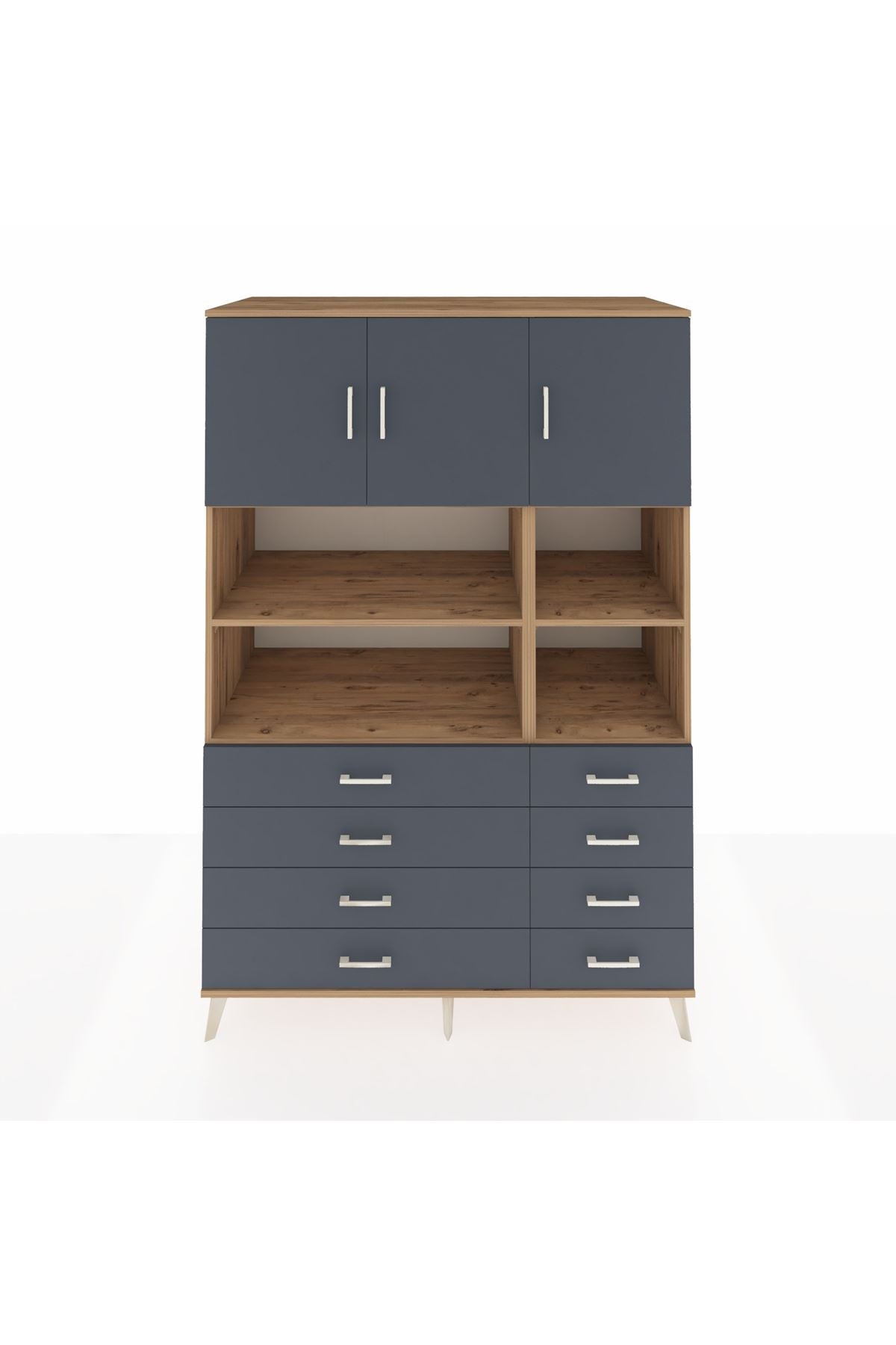 Kronos Dolap 8 Raflı 8 Çekmeceli 3 Kapaklı 132x59x195 Çam-Antrasit/Antrasit