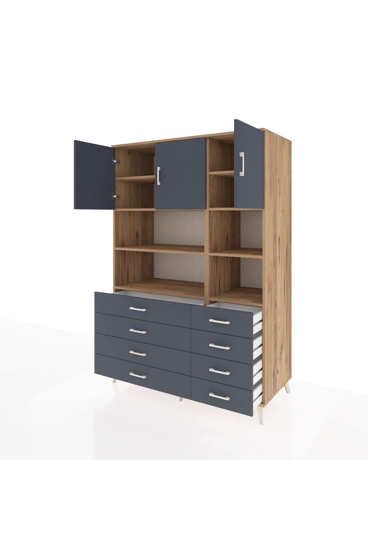 Kronos Dolap 8 Raflı 8 Çekmeceli 3 Kapaklı 132x59x195 Çam-Antrasit/Antrasit