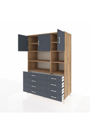 Kronos Dolap 8 Raflı 8 Çekmeceli 3 Kapaklı 132x59x195 Çam-Antrasit/Antrasit