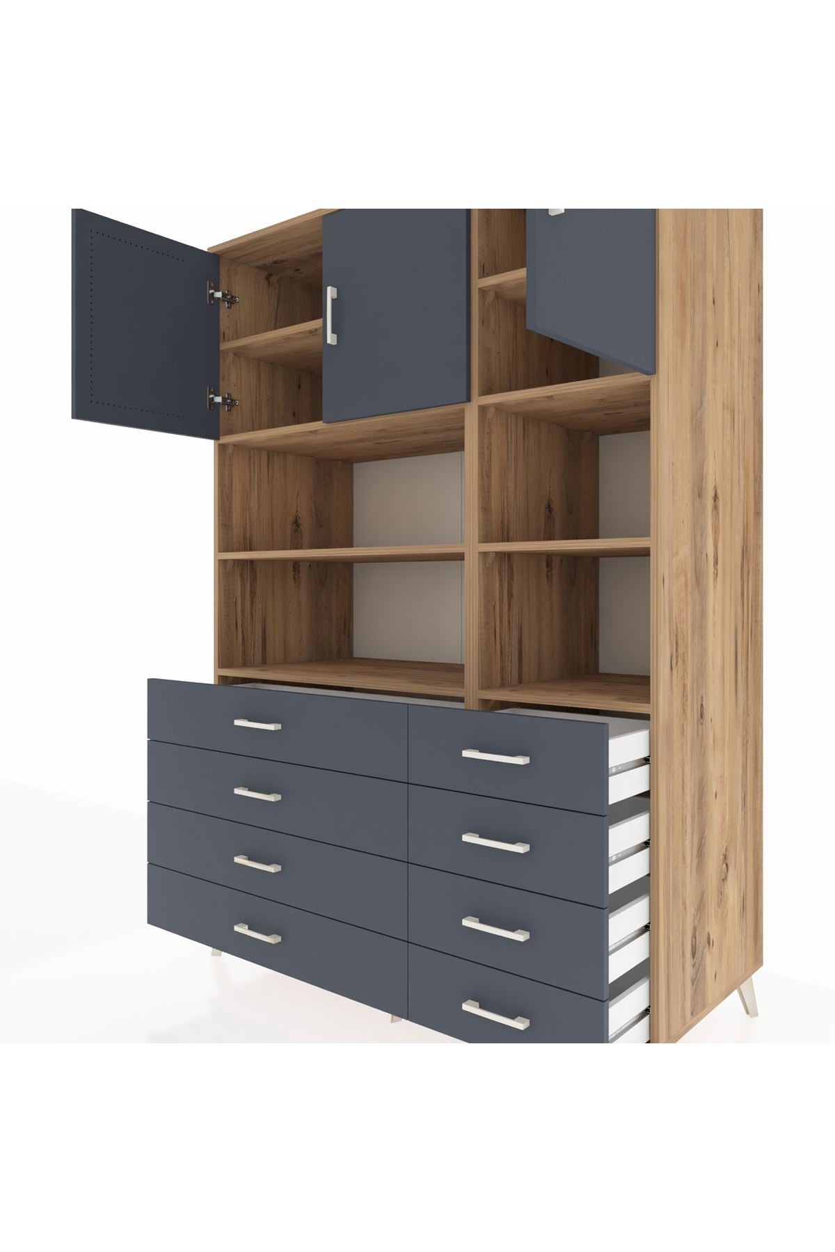 Kronos Dolap 8 Raflı 8 Çekmeceli 3 Kapaklı 132x59x195 Çam-Antrasit/Antrasit