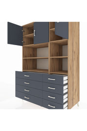 Kronos Dolap 8 Raflı 8 Çekmeceli 3 Kapaklı 132x59x195 Çam-Antrasit/Antrasit