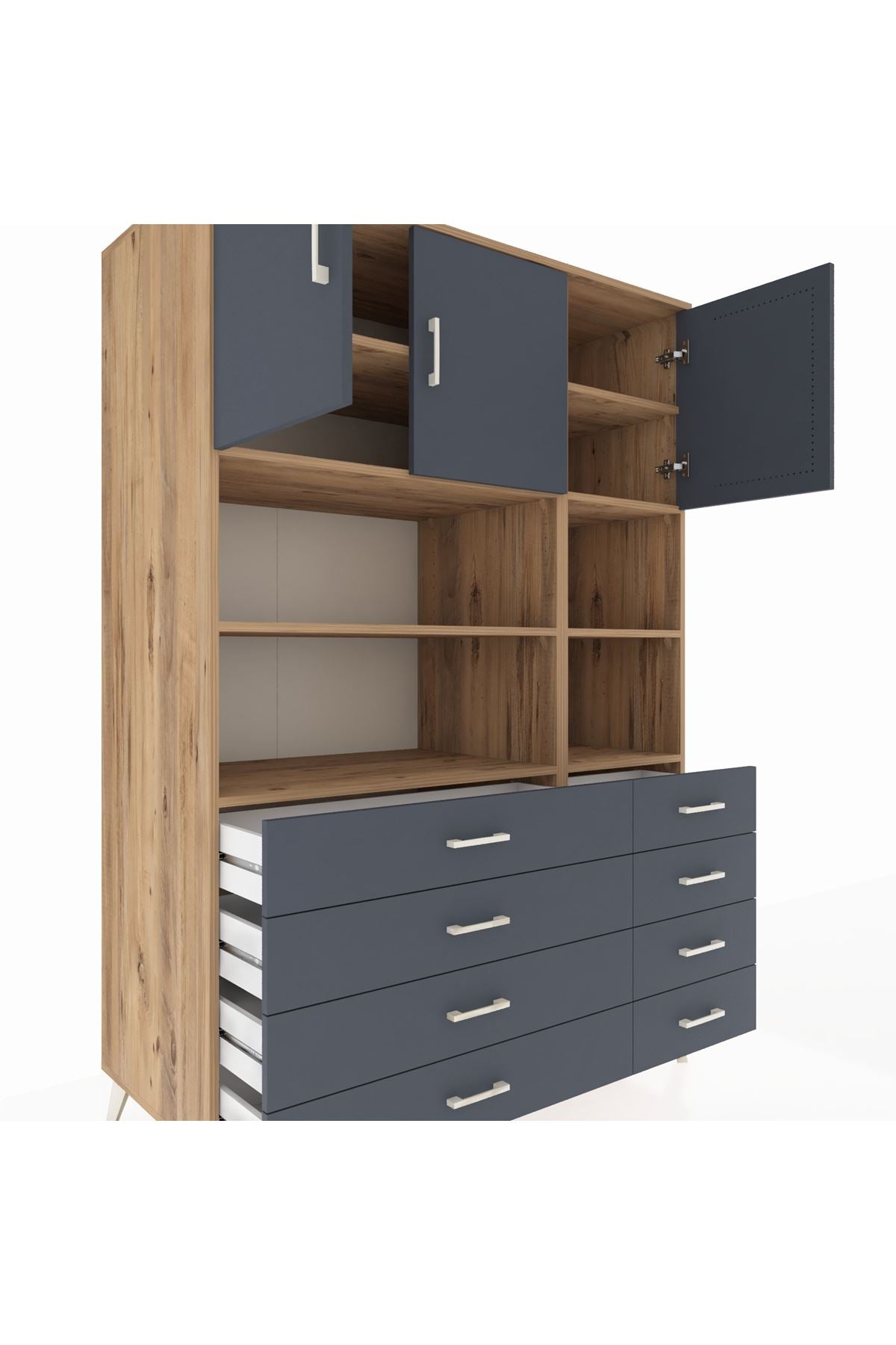 Kronos Dolap 8 Raflı 8 Çekmeceli 3 Kapaklı 132x59x195 Çam-Antrasit/Antrasit