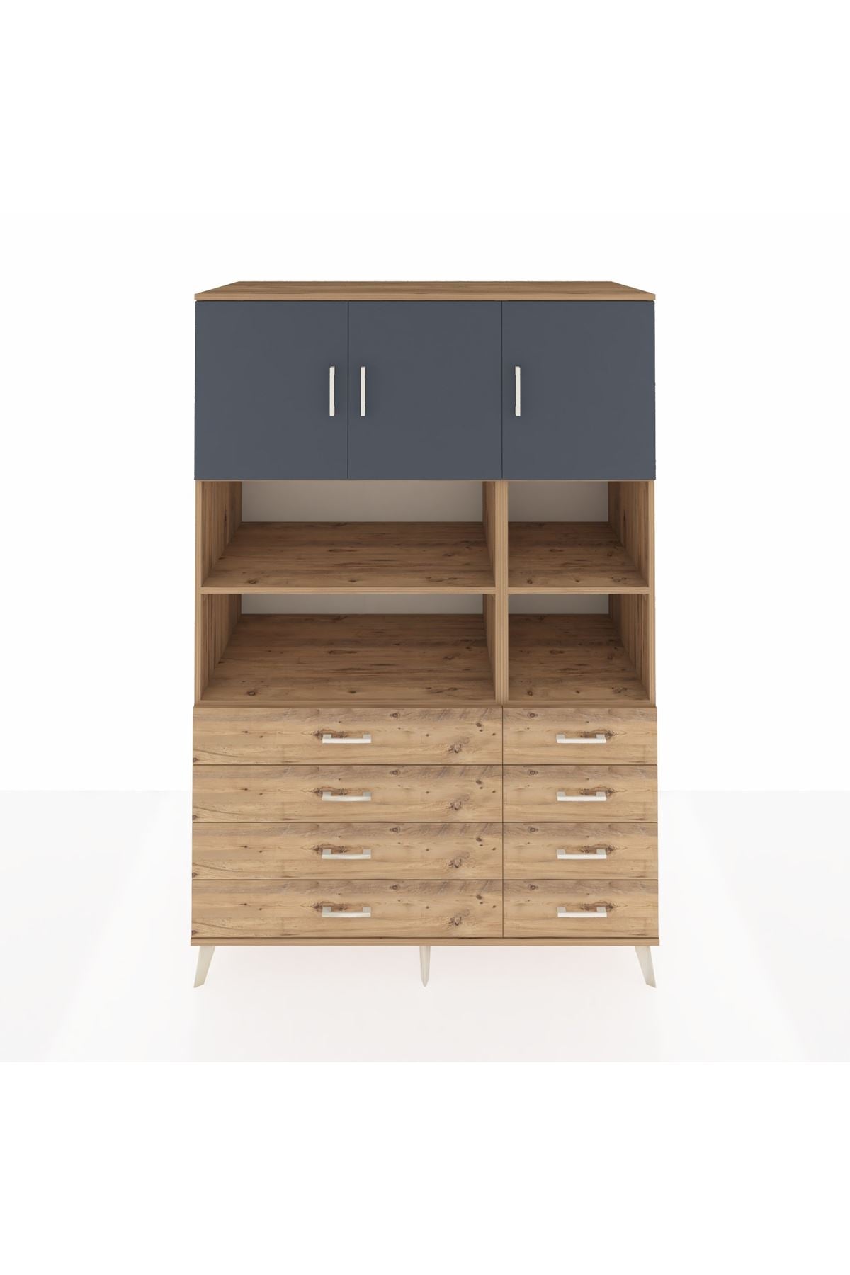 Kronos Dolap 8 Raflı 8 Çekmeceli 3 Kapaklı 132x59x195 Çam-Antrasit/Çam