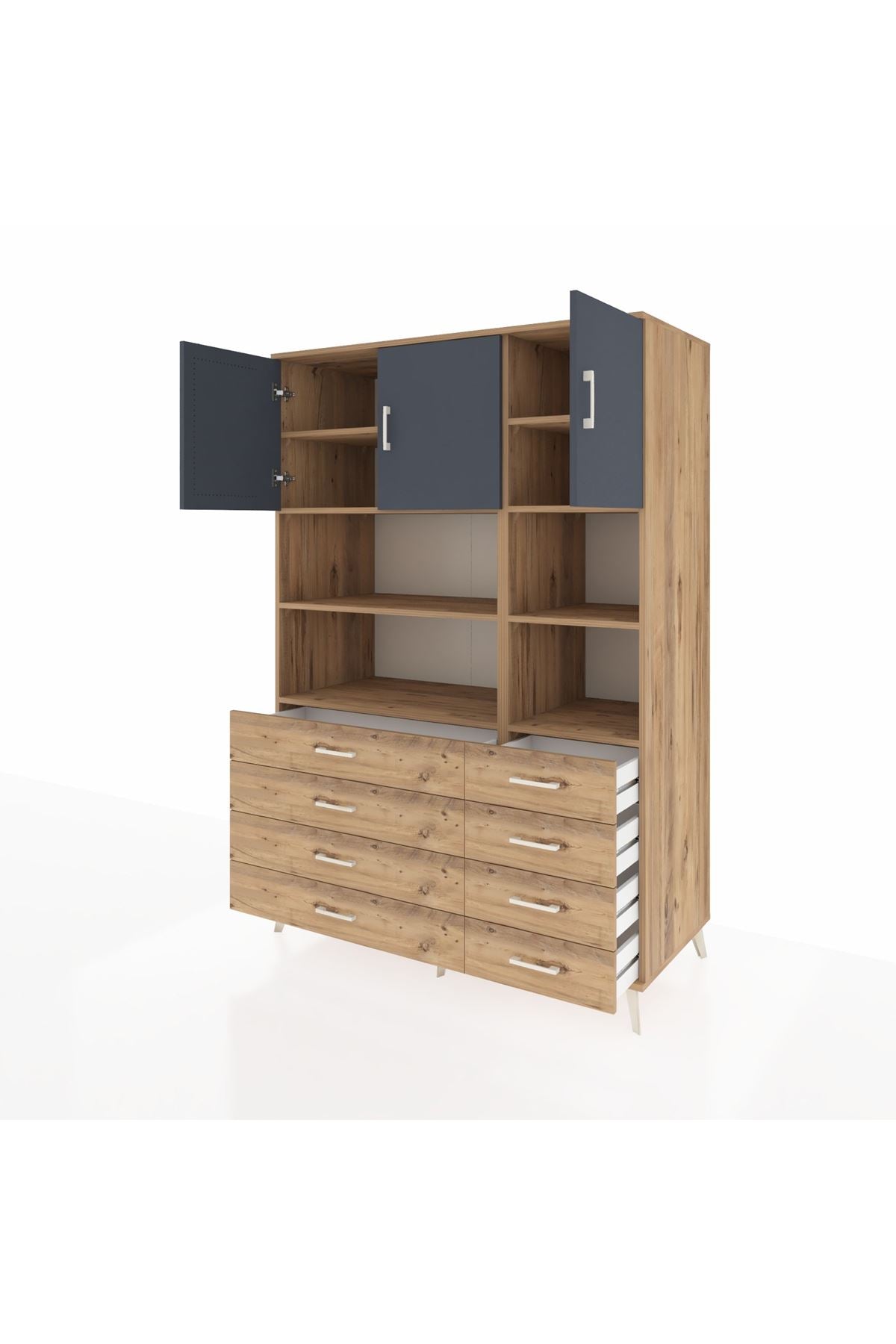 Kronos Dolap 8 Raflı 8 Çekmeceli 3 Kapaklı 132x59x195 Çam-Antrasit/Çam