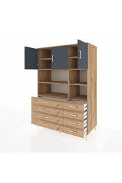 Kronos Dolap 8 Raflı 8 Çekmeceli 3 Kapaklı 132x59x195 Çam-Antrasit/Çam