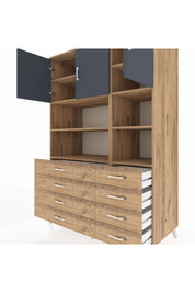 Kronos Dolap 8 Raflı 8 Çekmeceli 3 Kapaklı 132x59x195 Çam-Antrasit/Çam