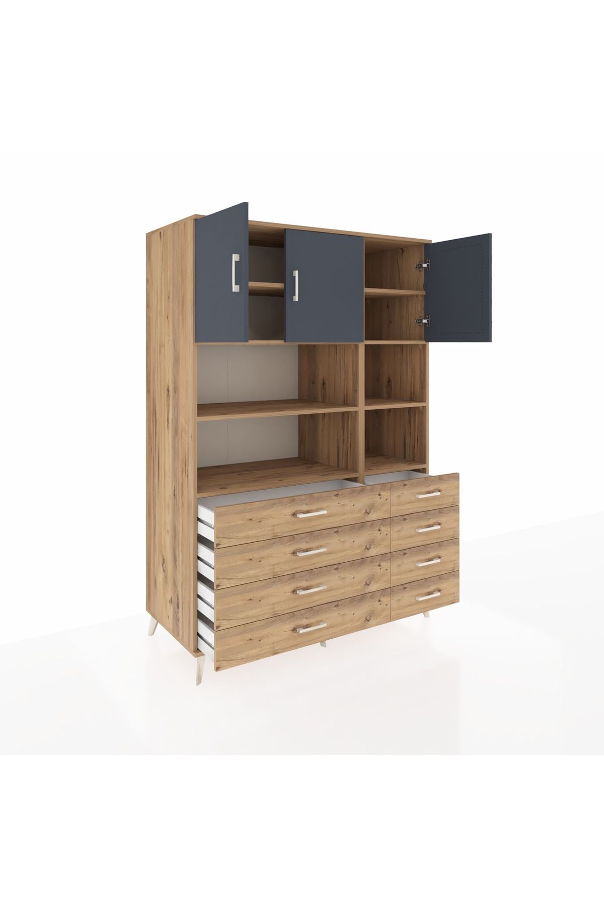 Kronos Dolap 8 Raflı 8 Çekmeceli 3 Kapaklı 132x59x195 Çam-Antrasit/Çam