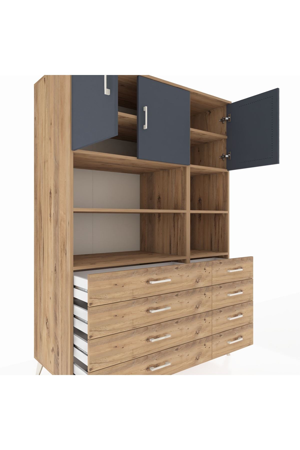 Kronos Dolap 8 Raflı 8 Çekmeceli 3 Kapaklı 132x59x195 Çam-Antrasit/Çam