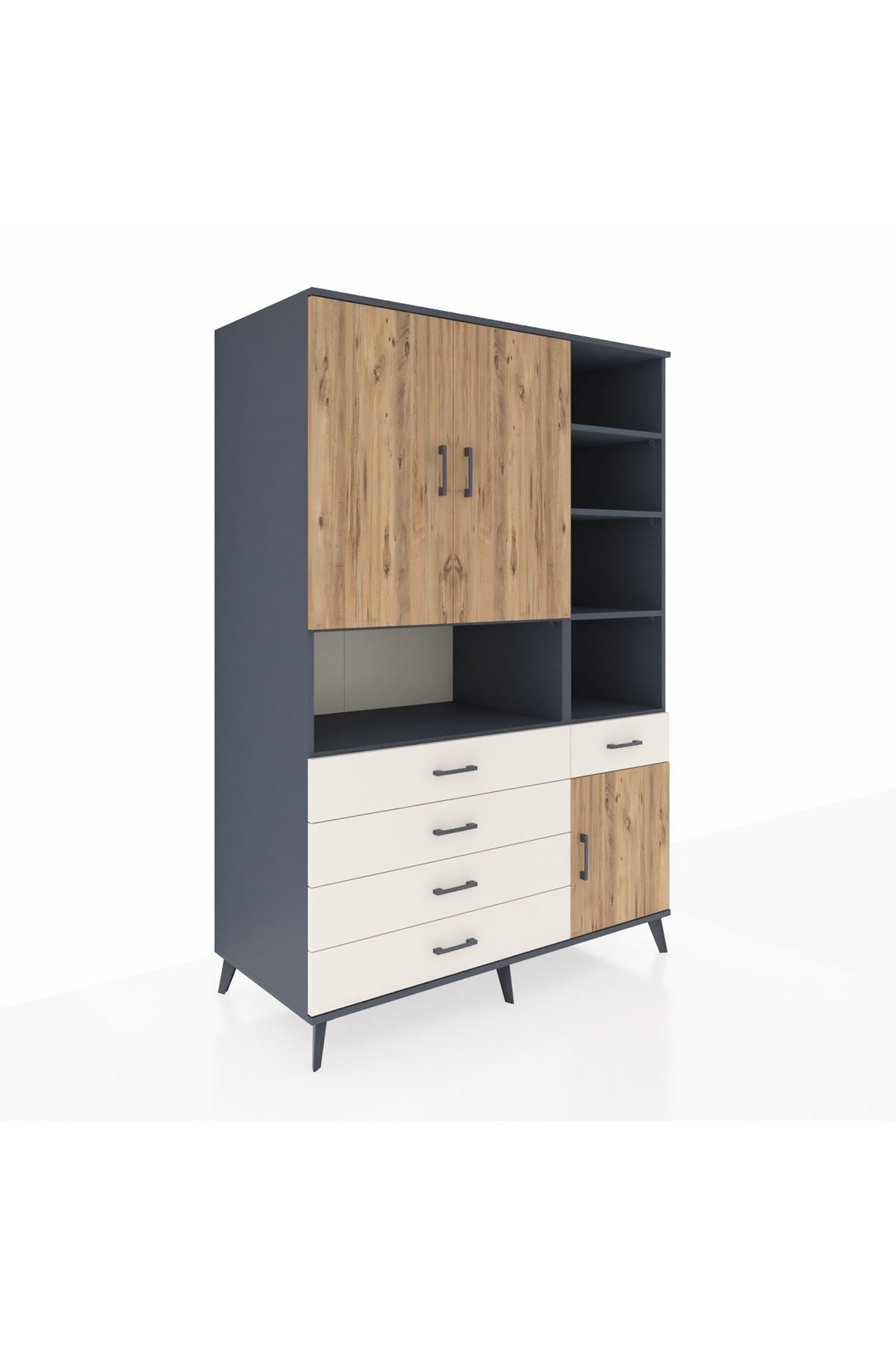 Kronos Dolap 8 Raflı 5 Çekmeceli 3 Kapaklı 132x59x195 Antrasit-Çam/Aytaşı