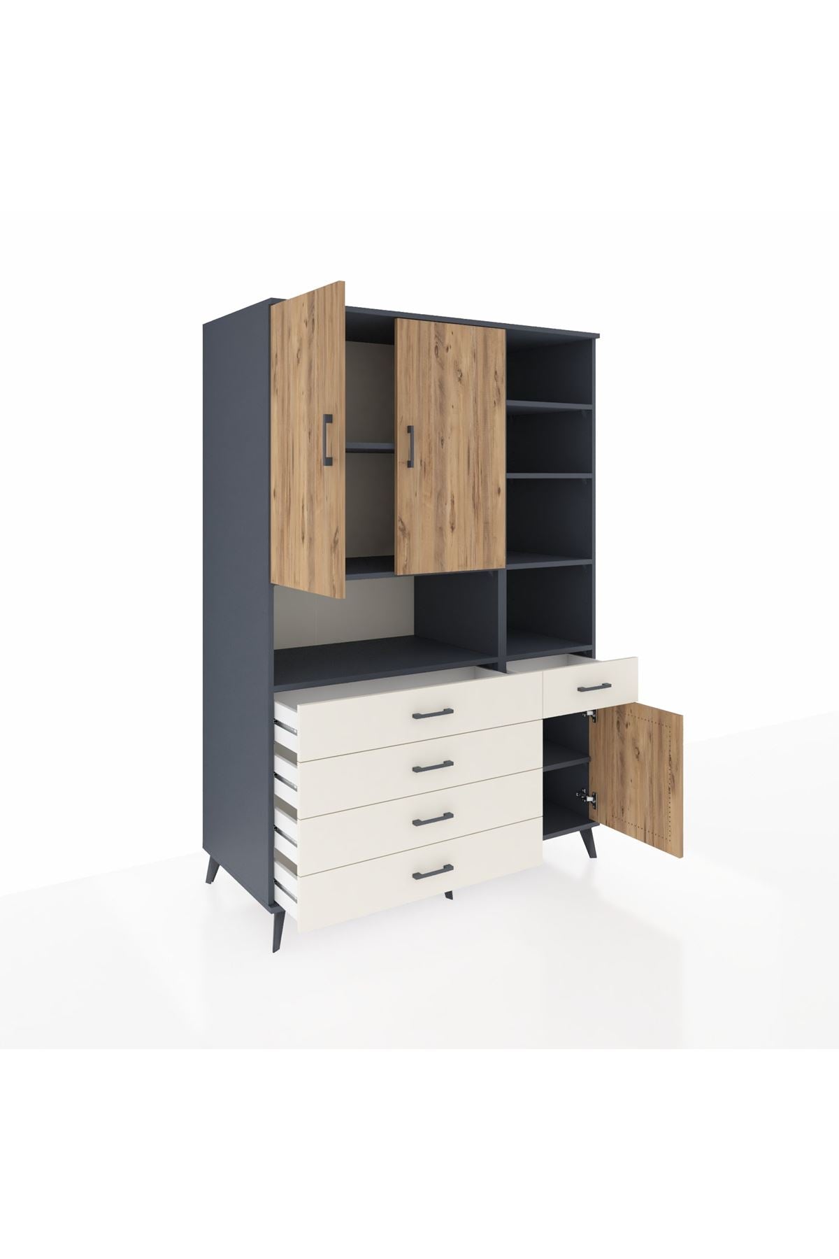 Kronos Dolap 8 Raflı 5 Çekmeceli 3 Kapaklı 132x59x195 Antrasit-Çam/Aytaşı
