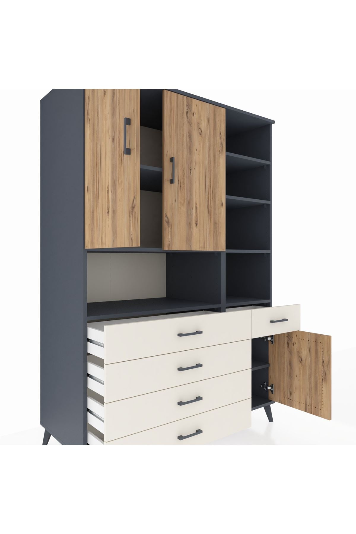 Kronos Dolap 8 Raflı 5 Çekmeceli 3 Kapaklı 132x59x195 Antrasit-Çam/Aytaşı