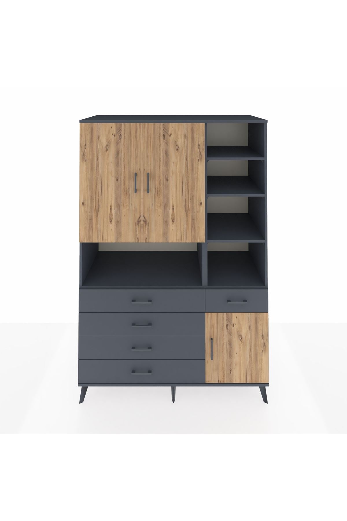 Kronos Dolap 8 Raflı 5 Çekmeceli 3 Kapaklı 132x59x195 Antrasit-Çam/Antrasit