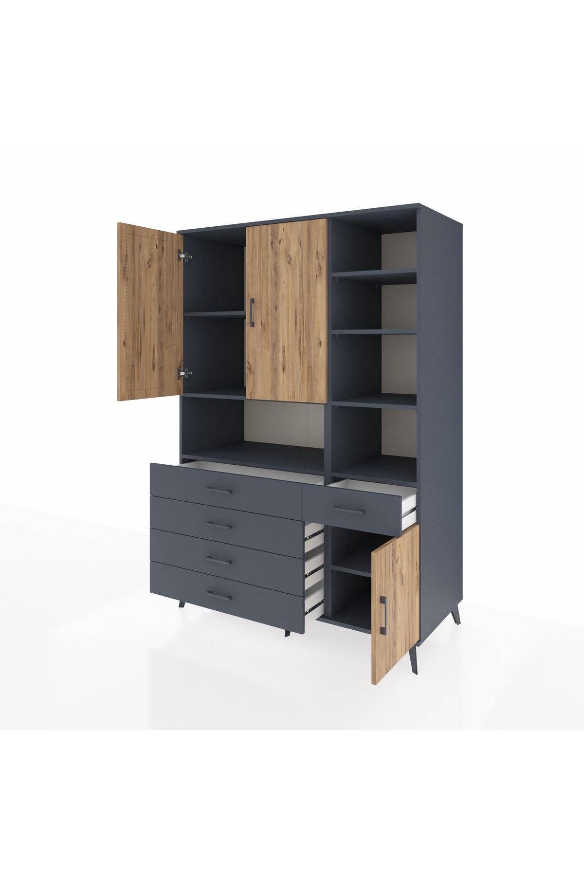 Kronos Dolap 8 Raflı 5 Çekmeceli 3 Kapaklı 132x59x195 Antrasit-Çam/Antrasit