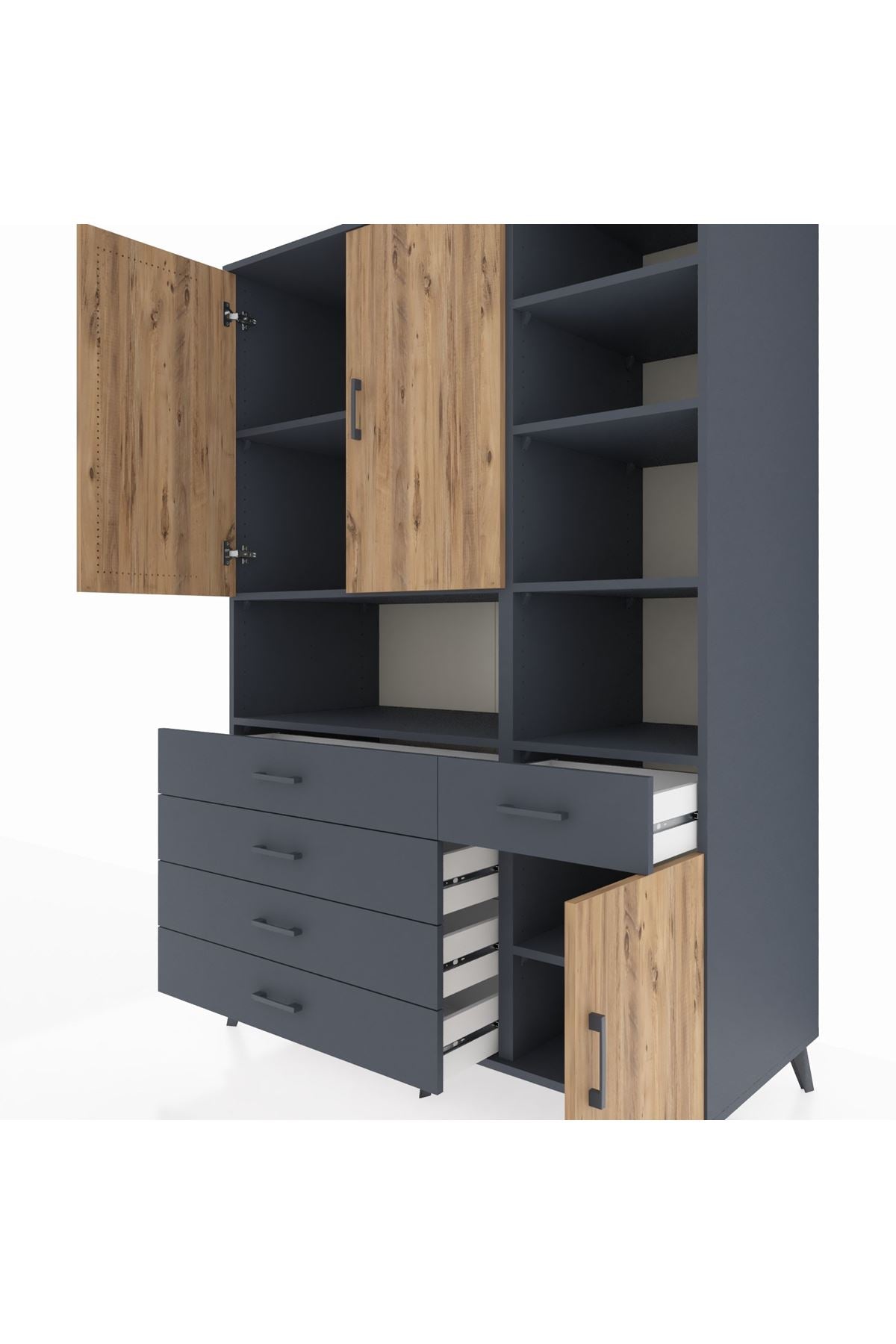 Kronos Dolap 8 Raflı 5 Çekmeceli 3 Kapaklı 132x59x195 Antrasit-Çam/Antrasit