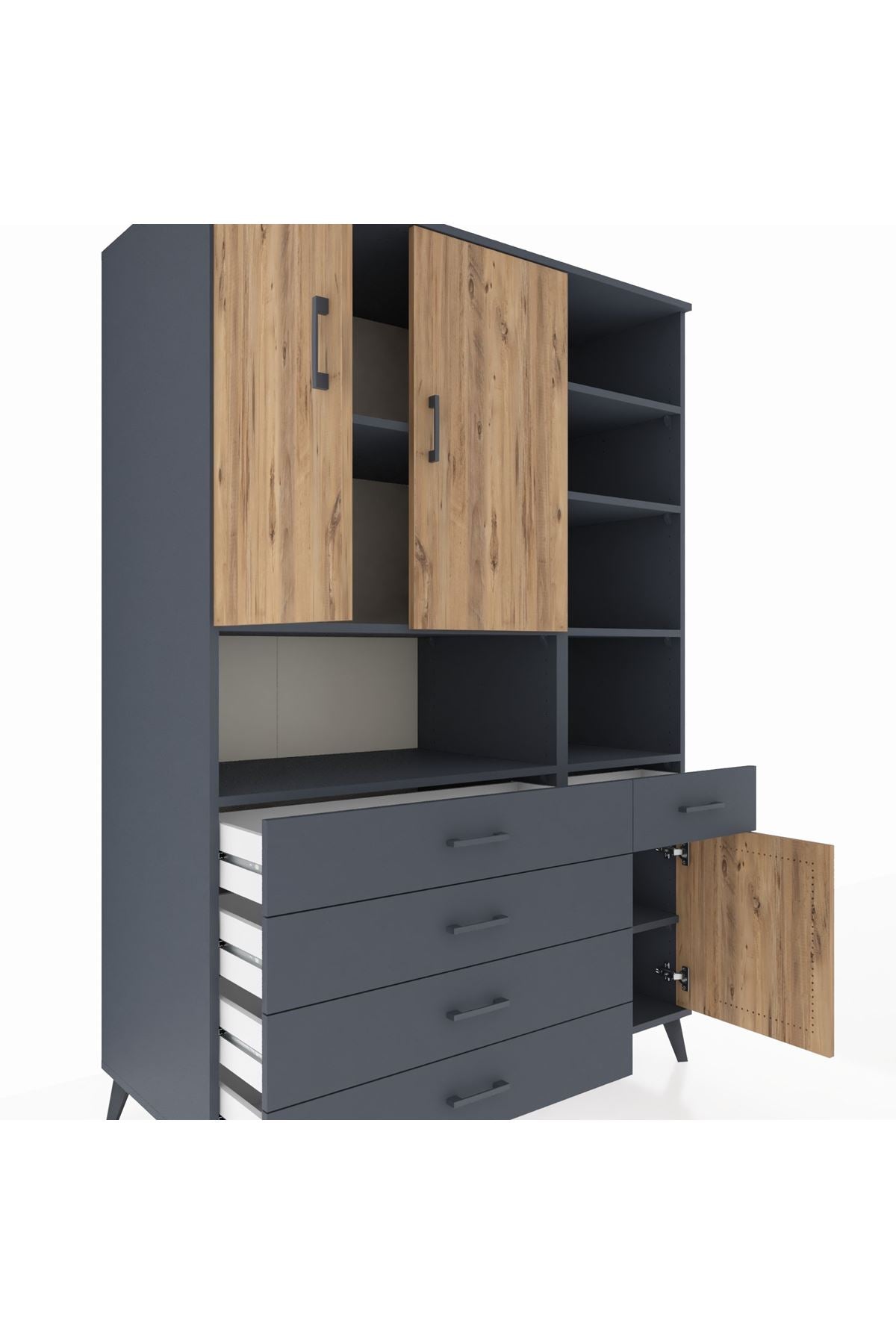 Kronos Dolap 8 Raflı 5 Çekmeceli 3 Kapaklı 132x59x195 Antrasit-Çam/Antrasit