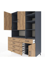 Kronos Dolap 8 Raflı 5 Çekmeceli 3 Kapaklı 132x59x195 Antrasit-Çam/Çam