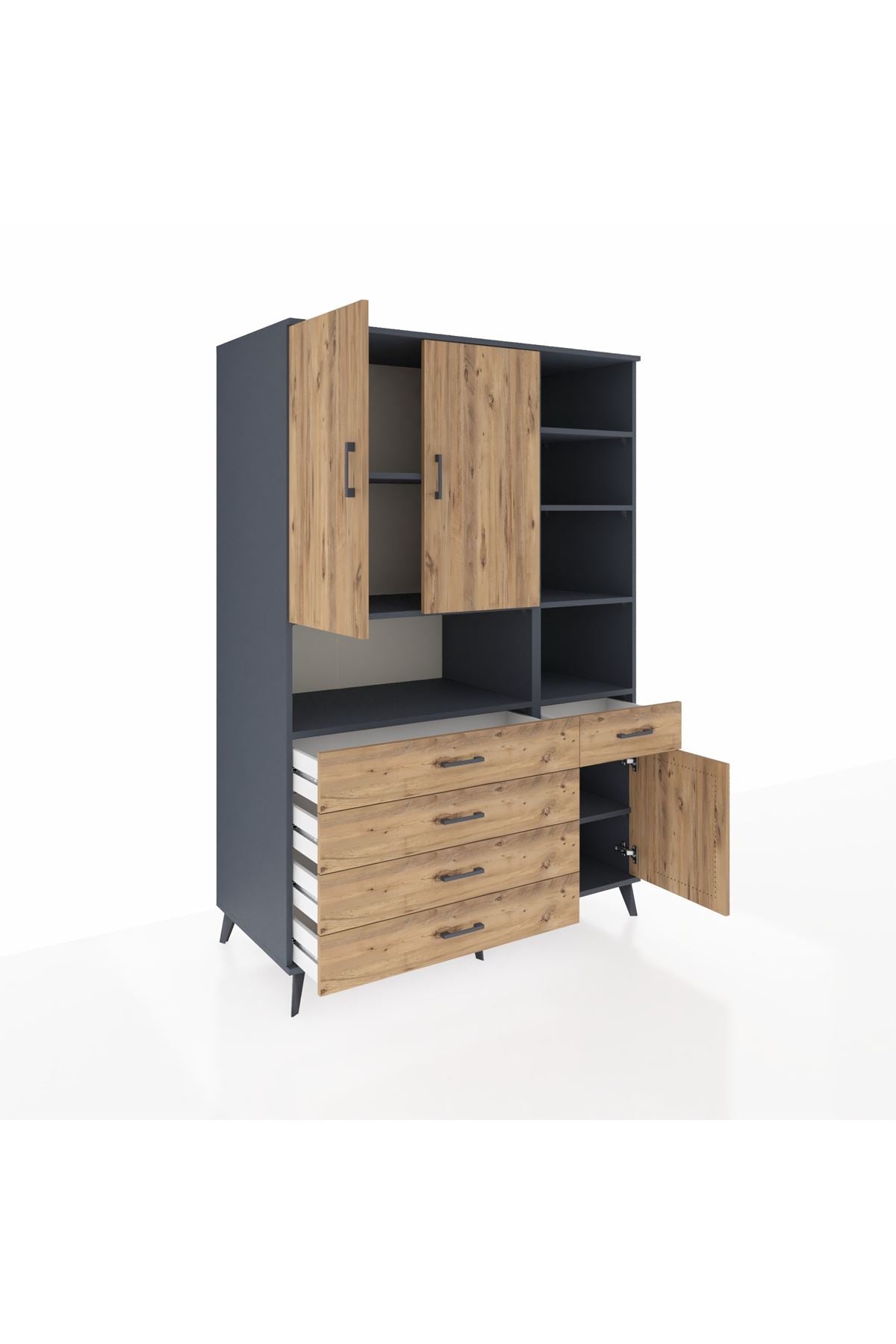Kronos Dolap 8 Raflı 5 Çekmeceli 3 Kapaklı 132x59x195 Antrasit-Çam/Çam